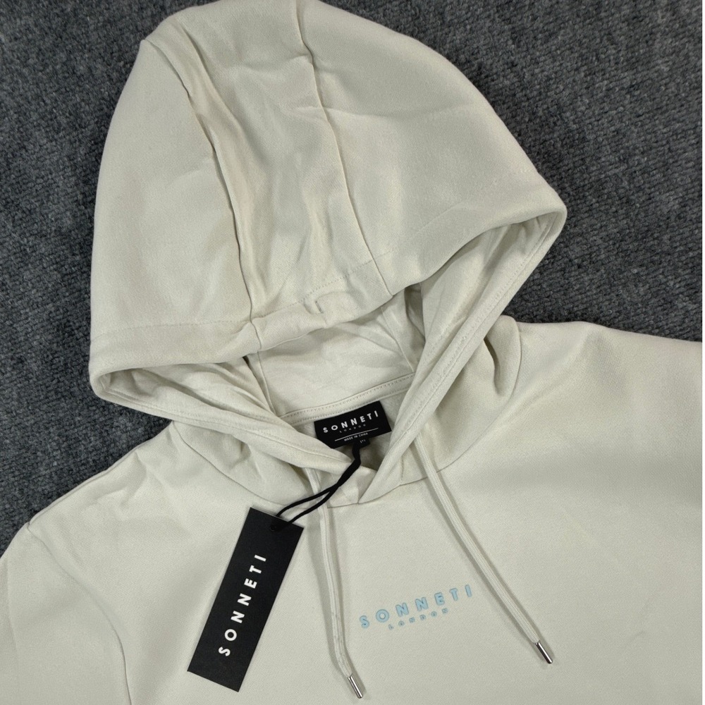Sonneti London Essential Hoodie Mens Medium Cream Blue Fleece Pullover NWT